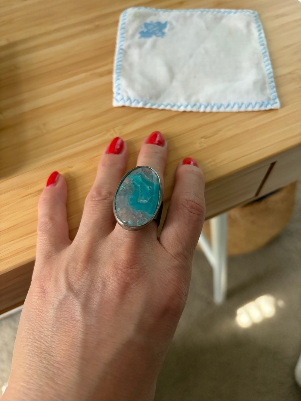 Sterling Silver Teal Oval Stone Statement Ring - Women Jewelry